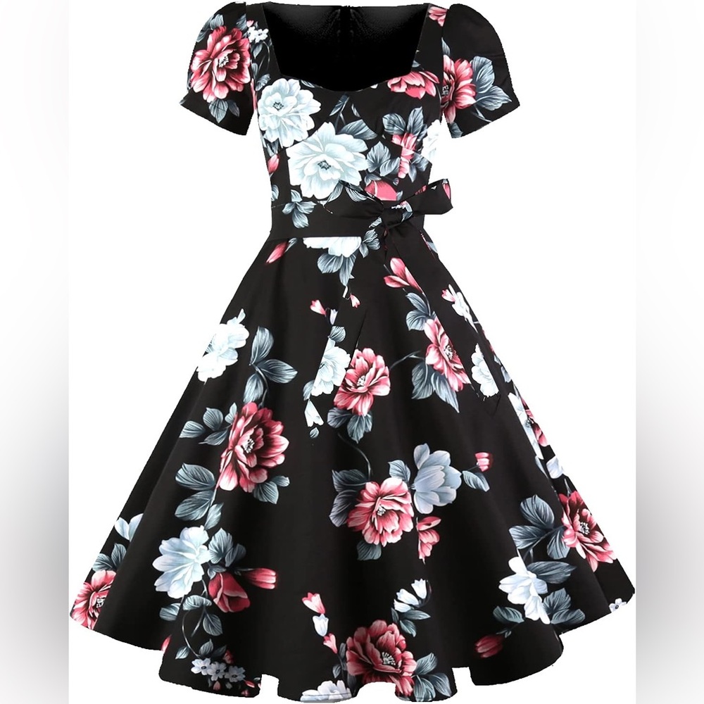 Small GOOBGS 1950s Puff Sleeves Cocktail Swing Retro Dress w/ Pockets *See desc*